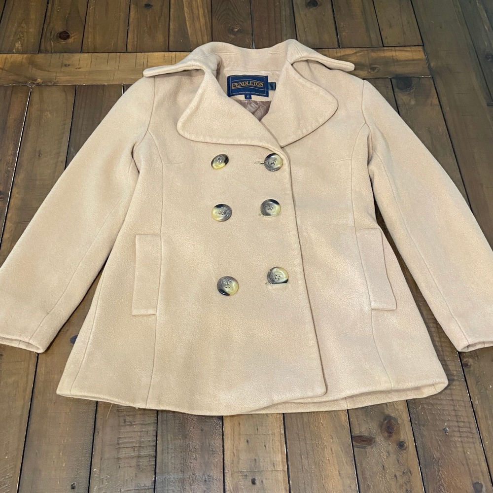 Pendleton Womens Camel Tan Lambs Wool Cashmere Pea Coat Italian Fabric XS